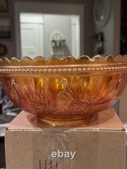 Dugan Stork and Rushes marigold carnival glass punch bowl HTF HEAVY (read)
