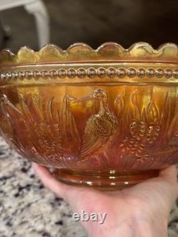 Dugan Stork and Rushes marigold carnival glass punch bowl HTF HEAVY (read)