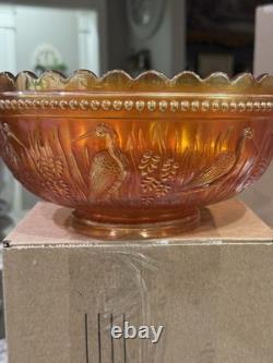 Dugan Stork and Rushes marigold carnival glass punch bowl HTF HEAVY (read)