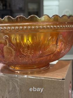 Dugan Stork and Rushes marigold carnival glass punch bowl HTF HEAVY (read)