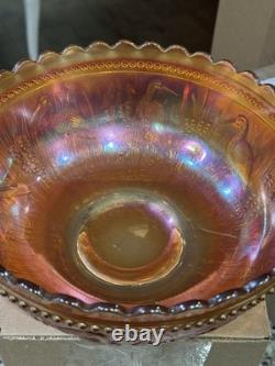 Dugan Stork and Rushes marigold carnival glass punch bowl HTF HEAVY (read)