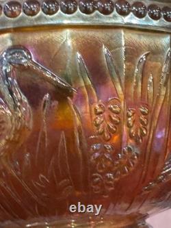 Dugan Stork and Rushes marigold carnival glass punch bowl HTF HEAVY (read)