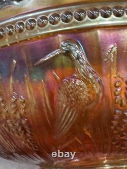 Dugan Stork and Rushes marigold carnival glass punch bowl HTF HEAVY (read)