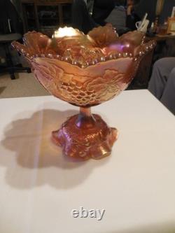 Dugan Super Marigold Many Fruits Punch Bowl with Ruffled Carnival Glass Base