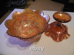 Dugan Super Marigold Many Fruits Punch Bowl with Ruffled Carnival Glass Base