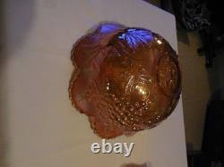 Dugan Super Marigold Many Fruits Punch Bowl with Ruffled Carnival Glass Base