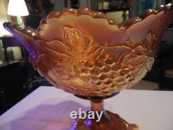 Dugan Super Marigold Many Fruits Punch Bowl with Ruffled Carnival Glass Base