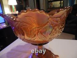 Dugan Super Marigold Many Fruits Punch Bowl with Ruffled Carnival Glass Base