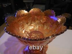 Dugan Super Marigold Many Fruits Punch Bowl with Ruffled Carnival Glass Base