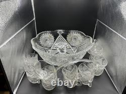 Duncan & Miller #40 Clear Sunburst 1891 Punch Bowl With 18 Cups And Glass Ladle