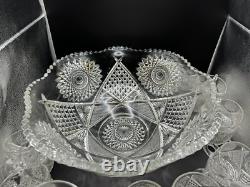 Duncan & Miller #40 Clear Sunburst 1891 Punch Bowl With 18 Cups And Glass Ladle