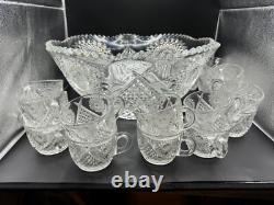 Duncan & Miller #40 Clear Sunburst 1891 Punch Bowl With 18 Cups And Glass Ladle