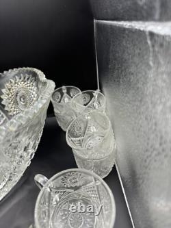 Duncan & Miller #40 Clear Sunburst 1891 Punch Bowl With 18 Cups And Glass Ladle