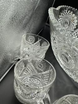 Duncan & Miller #40 Clear Sunburst 1891 Punch Bowl With 18 Cups And Glass Ladle