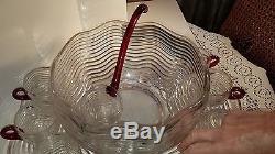 Duncan Miller Caribbean Glass Punch Bowl Rare Set-huge Platter, Ladle, & 9 Cups