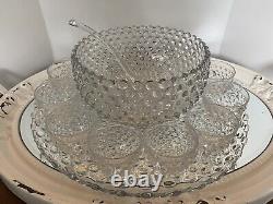 Duncan Miller Clear Bubble Glass Hobnail Punch Bowl Set ORIGINAL COMPLETE SET