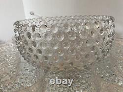 Duncan Miller Clear Bubble Glass Hobnail Punch Bowl Set ORIGINAL COMPLETE SET