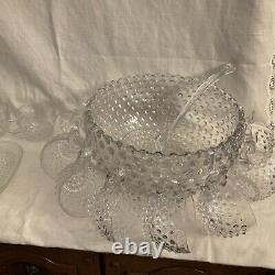 Duncan Miller Clear Bubble Glass Hobnail Punch Bowl Set ORIGINAL Cups Ladle Bowl