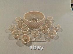 Duncan & Miller Hobnail Pink Opalescent Punch Bowl Set with Ladle and 11 cups
