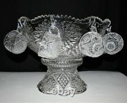 Duncan & Miller Pressed Cut Glass Punch Bowl Set with Pedestal and 6 Cups