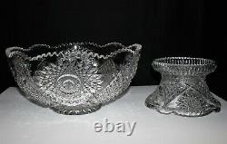 Duncan & Miller Pressed Cut Glass Punch Bowl Set with Pedestal and 6 Cups