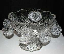 Duncan & Miller Pressed Cut Glass Punch Bowl Set with Pedestal and 6 Cups