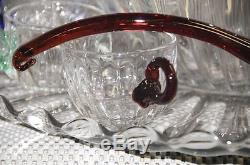 Duncan & Miller Radiance punch bowl, under plate, ladle, 12 cups applied handles