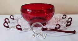 Duncan Miller Ruby Red Glass Punch Bowl Set With 8 Handled Cups & Glass Ladle