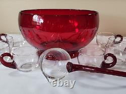 Duncan Miller Ruby Red Glass Punch Bowl Set With 8 Handled Cups & Glass Ladle