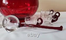 Duncan Miller Ruby Red Glass Punch Bowl Set With 8 Handled Cups & Glass Ladle