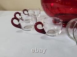 Duncan Miller Ruby Red Glass Punch Bowl Set With 8 Handled Cups & Glass Ladle
