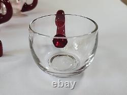 Duncan Miller Ruby Red Glass Punch Bowl Set With 8 Handled Cups & Glass Ladle