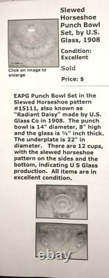 EAPG 08 US Glass Slewed Horseshoe Radiant Daisy Punch Bowl Ladle 43 Cup Tray Set