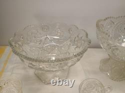 EAPG Cambridge Glass Crystal Punch Bowl Sawtooth Stars Diamonds