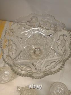EAPG Cambridge Glass Crystal Punch Bowl Sawtooth Stars Diamonds