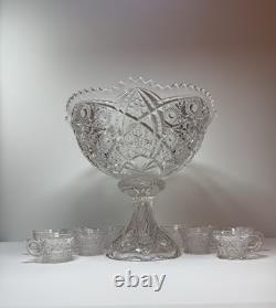 EAPG Imperial 404 Hobstar Arches Punch Bowl w 11 Cambridge Inverted Feather Cups