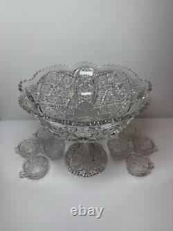 EAPG Imperial 404 Hobstar Arches Punch Bowl w 11 Cambridge Inverted Feather Cups
