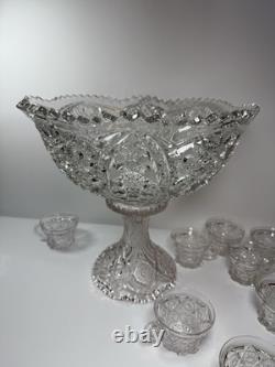 EAPG Imperial 404 Hobstar Arches Punch Bowl w 11 Cambridge Inverted Feather Cups