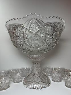 EAPG Imperial 404 Hobstar Arches Punch Bowl w 11 Cambridge Inverted Feather Cups