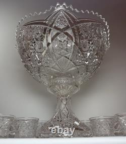 EAPG Imperial 404 Hobstar Arches Punch Bowl w 11 Cambridge Inverted Feather Cups