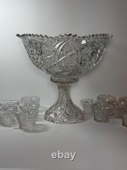 EAPG Imperial 404 Hobstar Arches Punch Bowl w 11 Cambridge Inverted Feather Cups