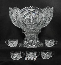 EAPG Mckee Glass Nortec (Centipede) Punch Bowl With Base & Five Cups