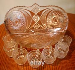EAPG Mckee/Smith Aztec Pattern Punch Bowl Pinwheel + 7 Cups