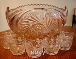 EAPG Mckee/Smith Aztec Pattern Punch Bowl Pinwheel + 7 Cups