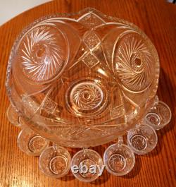 EAPG Mckee/Smith Aztec Pattern Punch Bowl Pinwheel + 7 Cups
