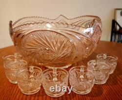 EAPG Mckee/Smith Aztec Pattern Punch Bowl Pinwheel + 7 Cups
