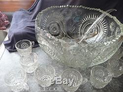 EAPG Slewed Horseshoe/Radiant Daisy Punch Bowl & 12 Original Matching Cups/Ladle