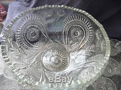 EAPG Slewed Horseshoe/Radiant Daisy Punch Bowl, Platter 12 Original Cups & Ladle