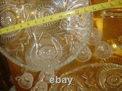 EAPG Slewed Horseshoe Radiant Daisy Punch Bowl, ladle, 17 cups and Underplate