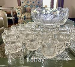 EAPG U. S. Glass MANHATTAN Punch Bowl Bulls Eye Tiffin Franciscan 24 Cups Ladle